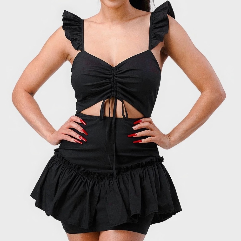 NWT Sweetheart Drawstring Bow Cutout Ruffled Flutter Mini Dress - Picture 1 of 6